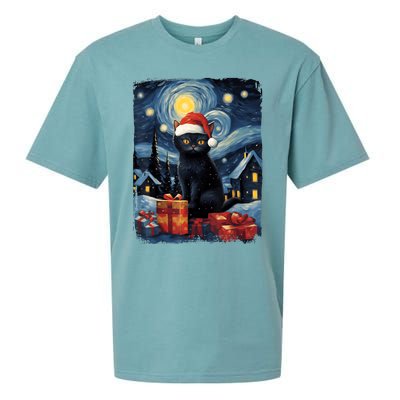 Christmas Black Cat Starry Night Van Gogh Retro Cat Art Sueded Cloud Jersey T-Shirt