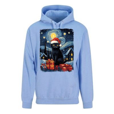 Christmas Black Cat Starry Night Van Gogh Retro Cat Art Unisex Surf Hoodie