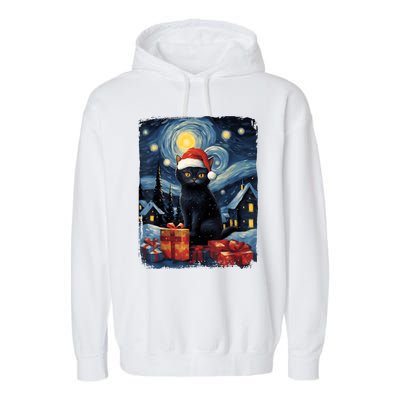 Christmas Black Cat Starry Night Van Gogh Retro Cat Art Garment-Dyed Fleece Hoodie