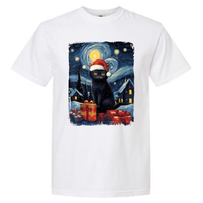 Christmas Black Cat Starry Night Van Gogh Retro Cat Art Garment-Dyed Heavyweight T-Shirt