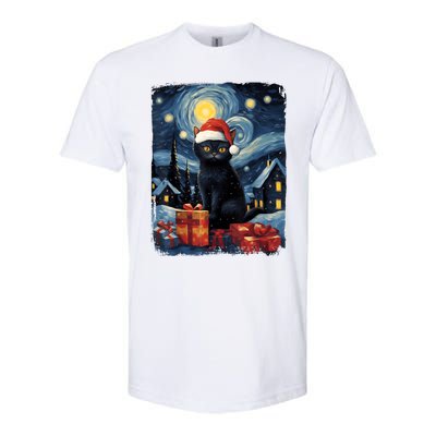 Christmas Black Cat Starry Night Van Gogh Retro Cat Art Softstyle CVC T-Shirt