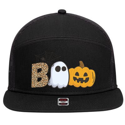 Cute But Creepy Ghost Boo Pumpkin Leopard Halloween Cute Gift 7 Panel Mesh Trucker Snapback Hat