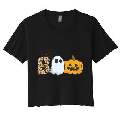 Cute But Creepy Ghost Boo Pumpkin Leopard Halloween Cute Gift Crop Top