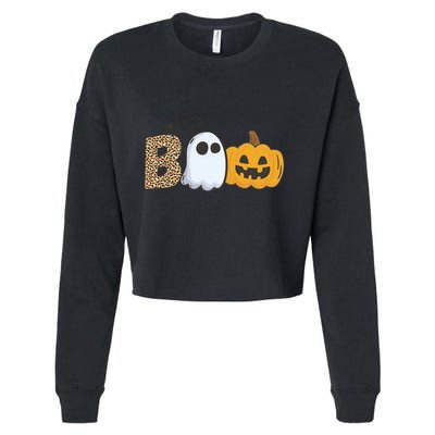 Cute But Creepy Ghost Boo Pumpkin Leopard Halloween Cute Gift Cropped Pullover Crew