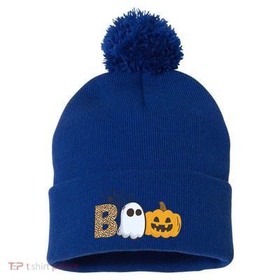 Cute But Creepy Ghost Boo Pumpkin Leopard Halloween Cute Gift Pom Pom 12in Knit Beanie