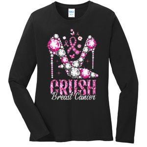 Crush Breast Cancer Pink Bling High Heels Ribbon Ladies Long Sleeve Shirt