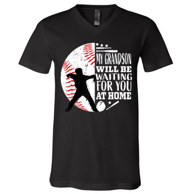 Cute Baseball Catcher Grandma Grandpa Grandson Quote Graphic V-Neck T-Shirt