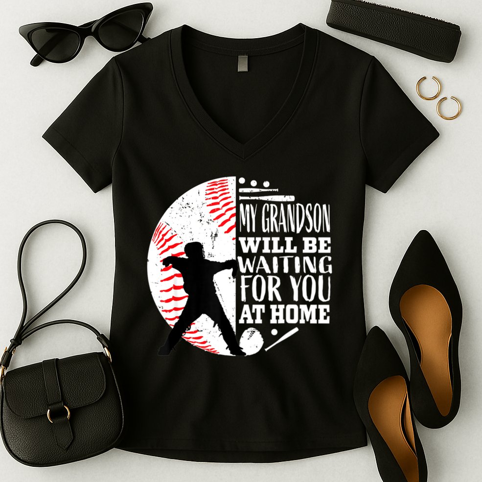 Cute Baseball Catcher Grandma Grandpa Grandson Quote Graphic Women's V-Neck T-Shirt