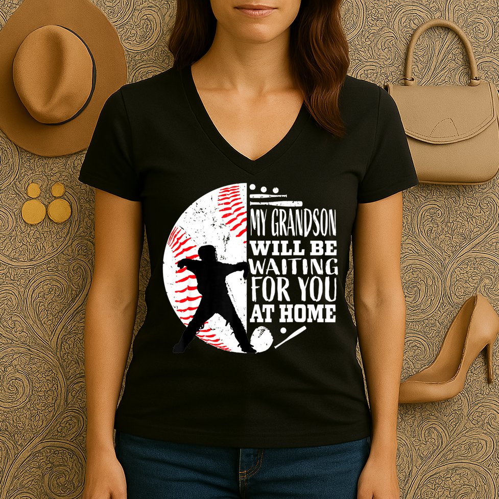 Cute Baseball Catcher Grandma Grandpa Grandson Quote Graphic Women's V-Neck T-Shirt