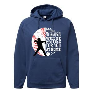 Cute Baseball Catcher Grandma Grandpa Grandson Quote Graphic Performance Fleece Hoodie