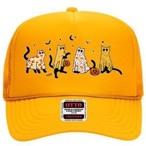 Cute Black Cats In Ghost Costume High Crown Mesh Back Trucker Hat