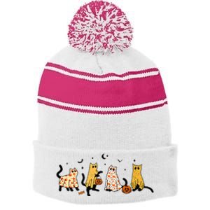 Cute Black Cats In Ghost Costume Stripe Pom Pom Beanie