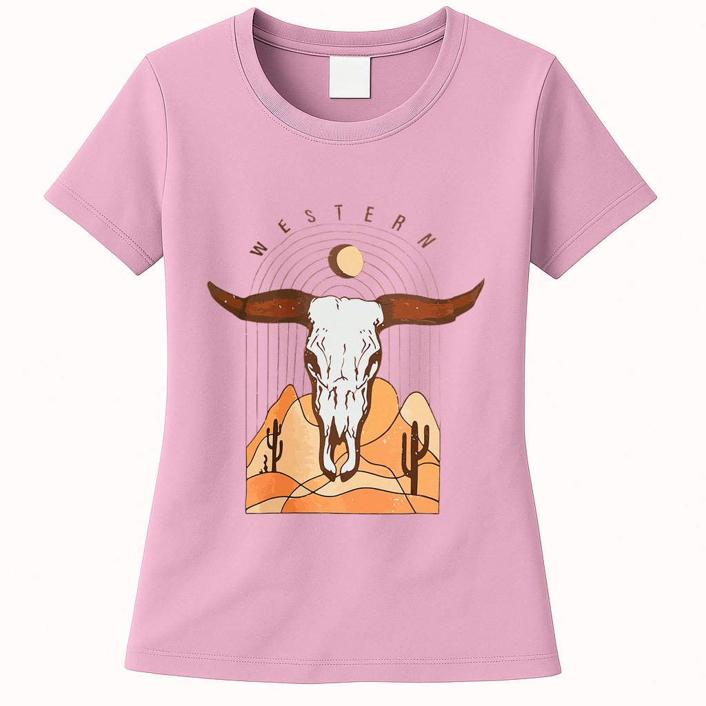 Cow Bull Cattle Skull Head Western Womens T-Shirt