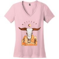 Cow Bull Cattle Skull Head Western Women's V-Neck T-Shirt