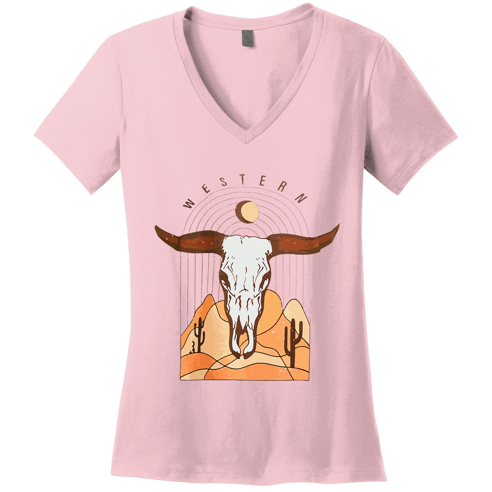 Cow Bull Cattle Skull Head Western Women's V-Neck T-Shirt