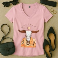 Cow Bull Cattle Skull Head Western Women's V-Neck T-Shirt