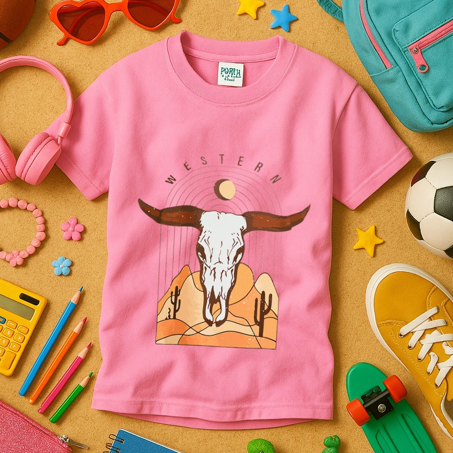 Cow Bull Cattle Skull Head Western Kids T-Shirt