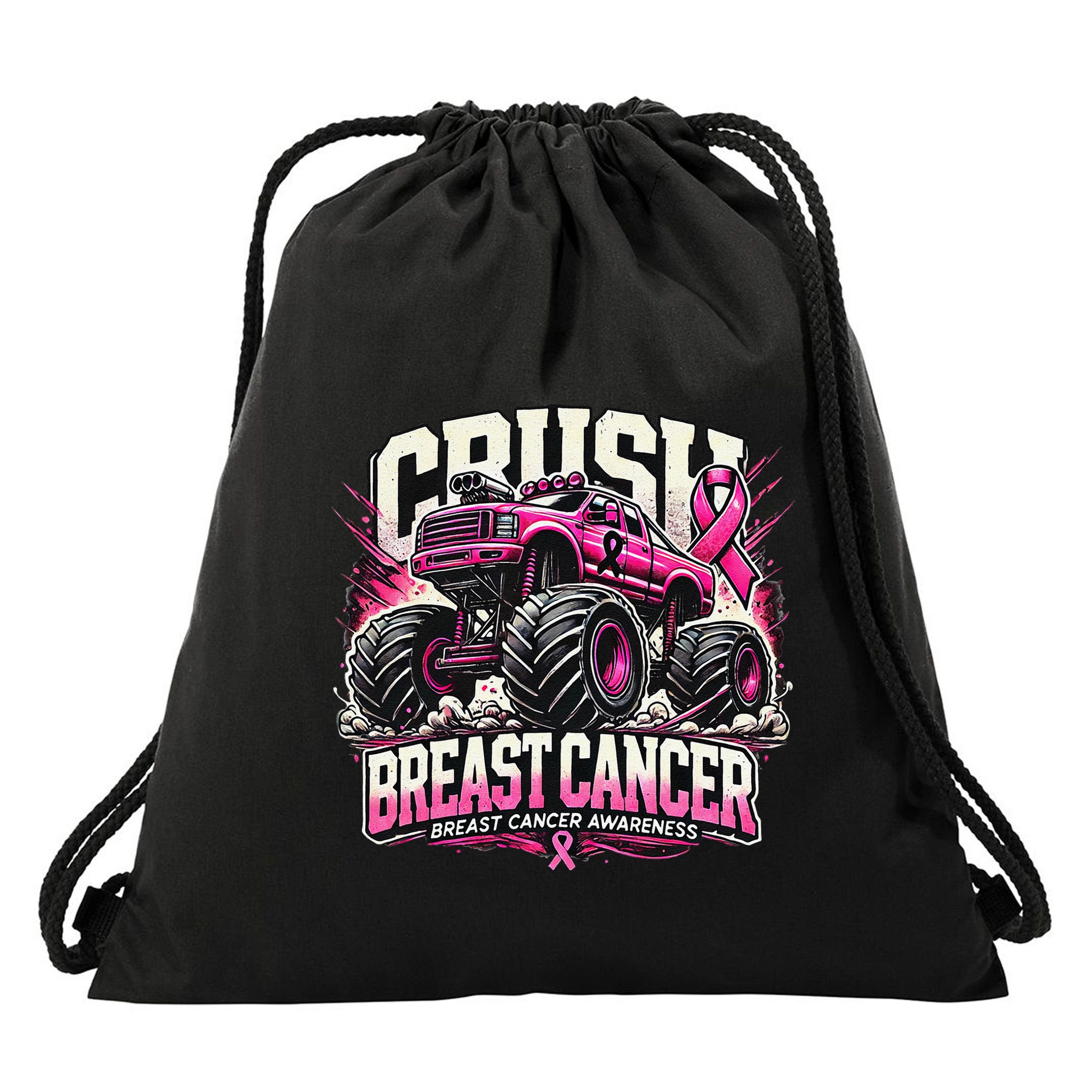 Crush Breast Cancer Awareness Monster Truck Boy Drawstring Bag