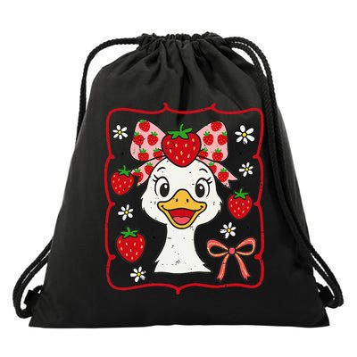 Coquette Bow Cute Strawberry Goose Lover Girly Summer Vibes Drawstring Bag