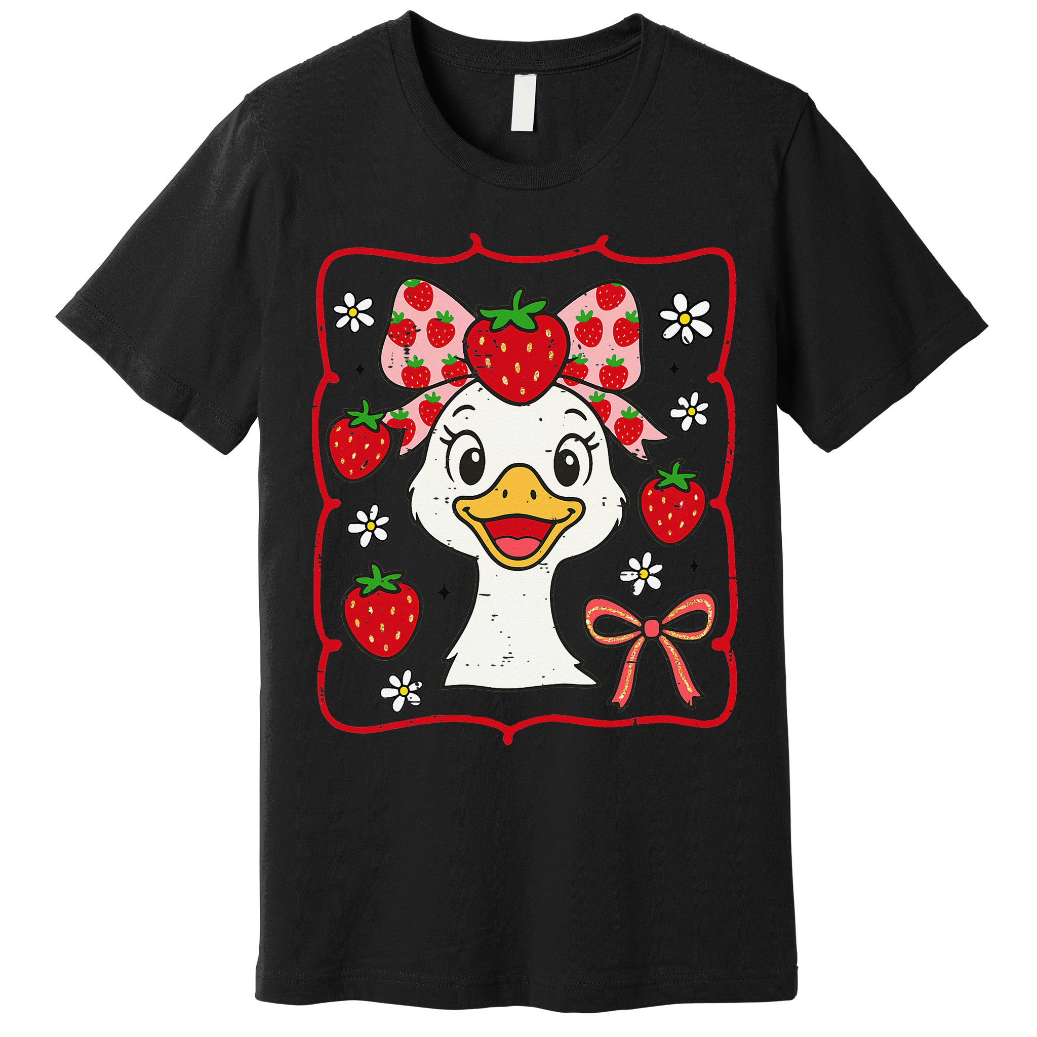 Coquette Bow Cute Strawberry Goose Lover Girly Summer Vibes Premium T-Shirt