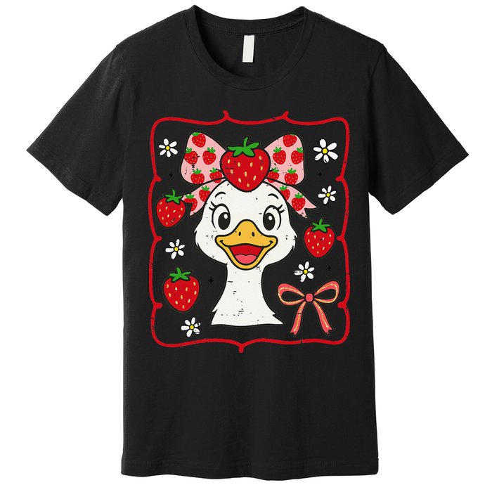 Coquette Bow Cute Strawberry Goose Lover Girly Summer Vibes Premium T-Shirt