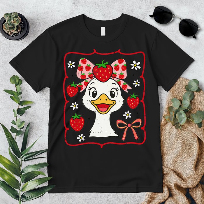 Coquette Bow Cute Strawberry Goose Lover Girly Summer Vibes Premium T-Shirt