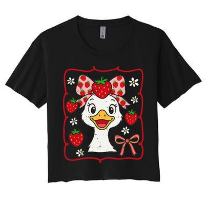 Coquette Bow Cute Strawberry Goose Lover Girly Summer Vibes Women's Crop Top Tee