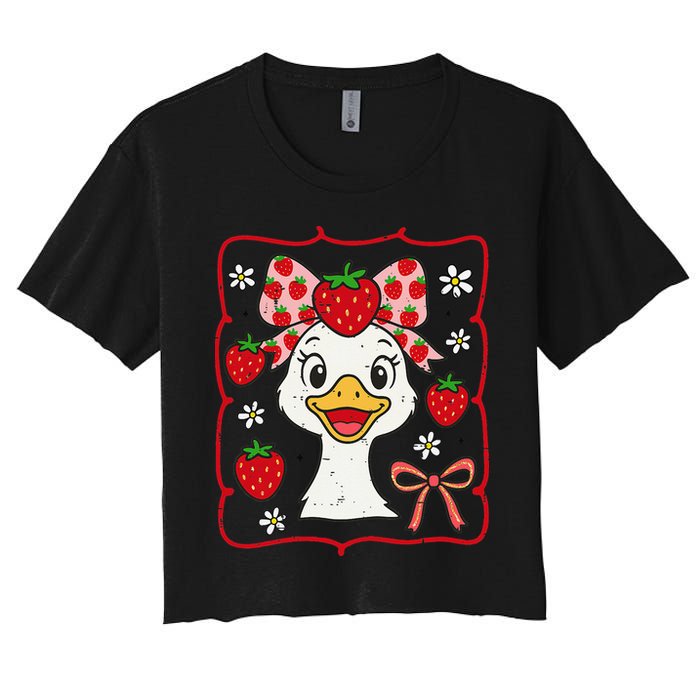 Coquette Bow Cute Strawberry Goose Lover Girly Summer Vibes Women's Crop Top Tee