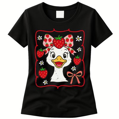 Coquette Bow Cute Strawberry Goose Lover Girly Summer Vibes Womens T-Shirt