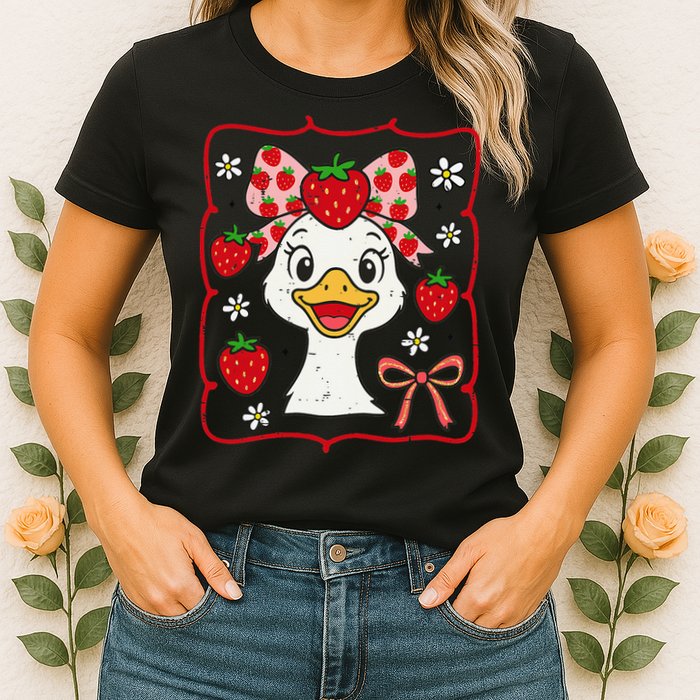 Coquette Bow Cute Strawberry Goose Lover Girly Summer Vibes Womens T-Shirt