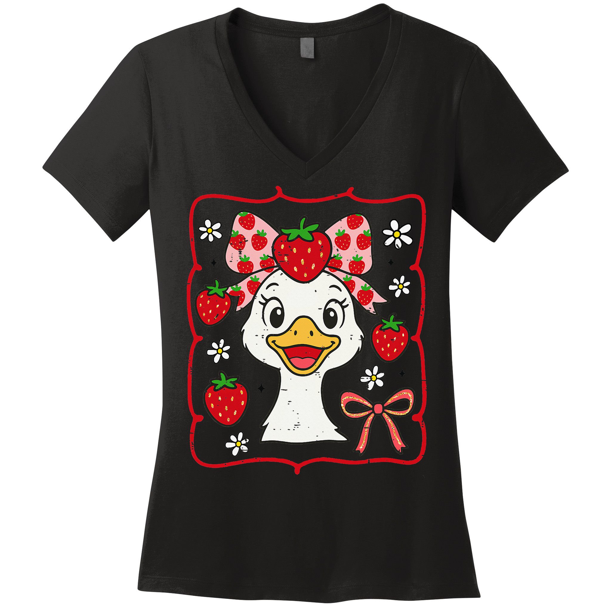 Coquette Bow Cute Strawberry Goose Lover Girly Summer Vibes Women's V-Neck T-Shirt