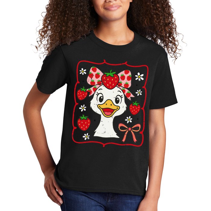 Coquette Bow Cute Strawberry Goose Lover Girly Summer Vibes Kids T-Shirt