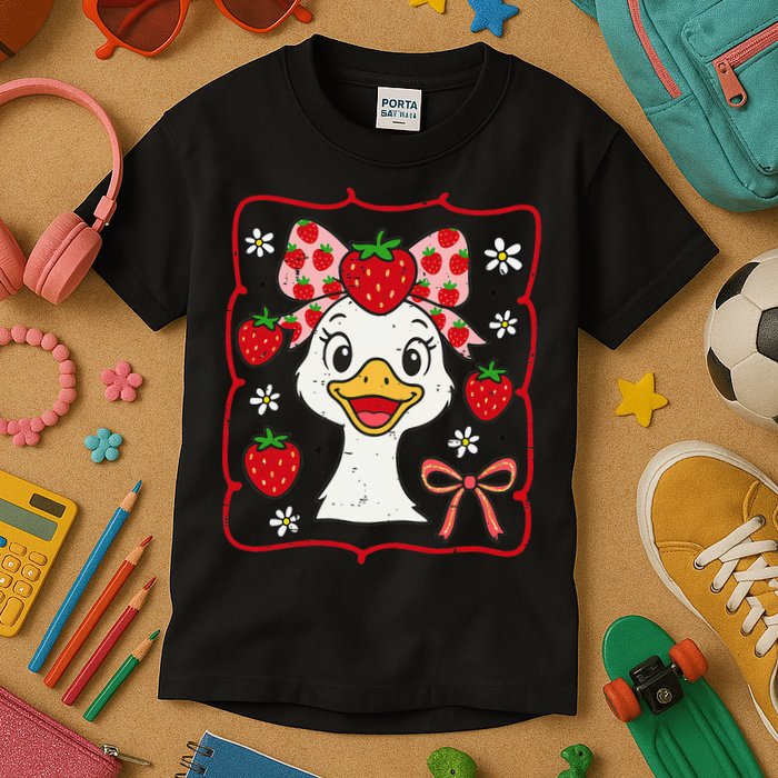 Coquette Bow Cute Strawberry Goose Lover Girly Summer Vibes Kids T-Shirt