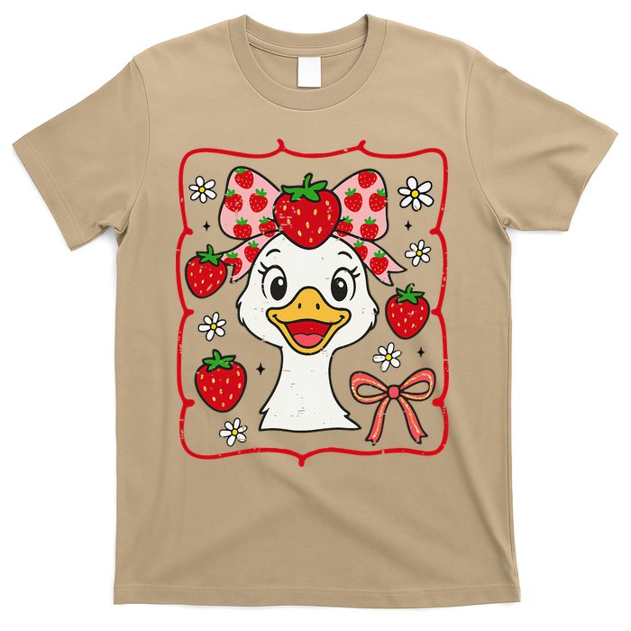 Coquette Bow Cute Strawberry Goose Lover Girly Summer Vibes T-Shirt