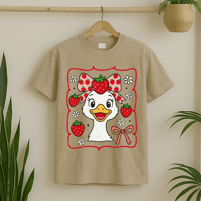 Coquette Bow Cute Strawberry Goose Lover Girly Summer Vibes T-Shirt