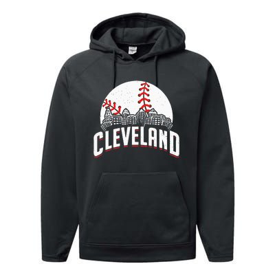 Cleveland Baseball Cityscape Skyline Retro Fan Performance Fleece Hoodie