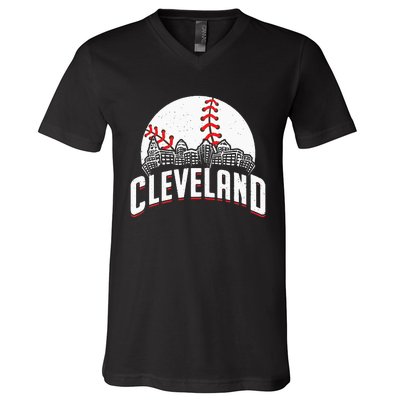 Cleveland Baseball Cityscape Skyline Retro Fan V-Neck T-Shirt