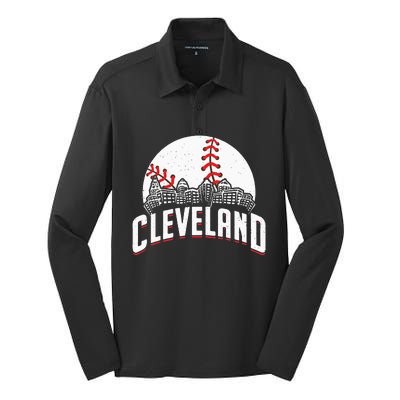 Cleveland Baseball Cityscape Skyline Retro Fan Silk Touch Performance Long Sleeve Polo