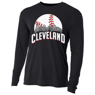 Cleveland Baseball Cityscape Skyline Retro Fan Cooling Performance Long Sleeve Crew