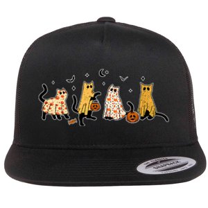 Cute Black Cats In Ghost Costume Flat Bill Trucker Hat