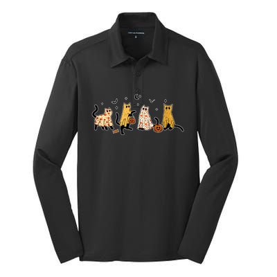 Cute Black Cats In Ghost Costume Silk Touch Performance Long Sleeve Polo