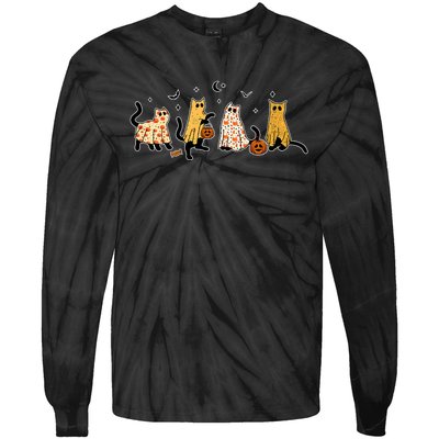 Cute Black Cats In Ghost Costume Tie-Dye Long Sleeve Shirt