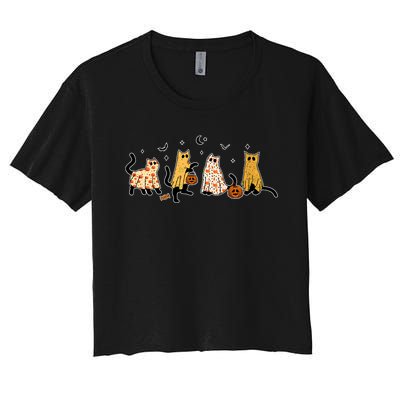 Cute Black Cats In Ghost Costume Women's Crop Top Tee