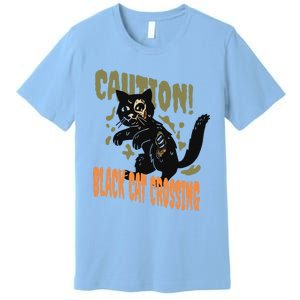 Caution Black Cat Crossing Scary Spooky Halloween Cute Gift Premium T-Shirt