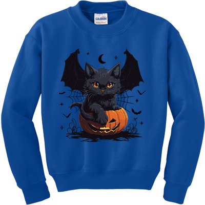 Cute Black Cat With Bat Wings Jack O Lantern Kitty Halloween Kids Sweatshirt