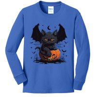 Cute Black Cat With Bat Wings Jack O Lantern Kitty Halloween Kids Long Sleeve Shirt