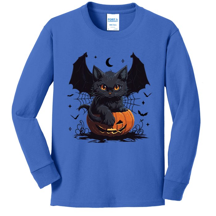 Cute Black Cat With Bat Wings Jack O Lantern Kitty Halloween Kids Long Sleeve Shirt