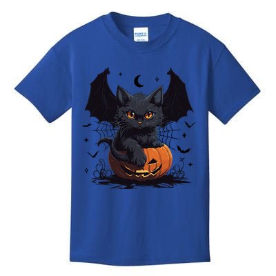 Cute Black Cat With Bat Wings Jack O Lantern Kitty Halloween Kids T-Shirt