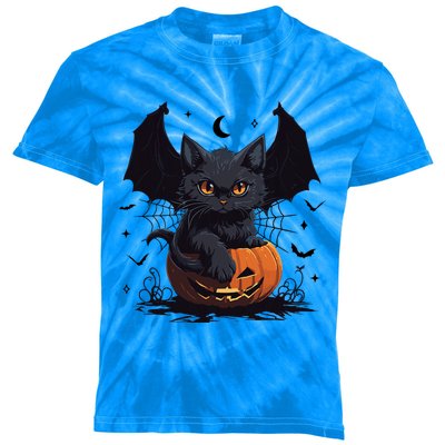 Cute Black Cat With Bat Wings Jack O Lantern Kitty Halloween Kids Tie-Dye T-Shirt