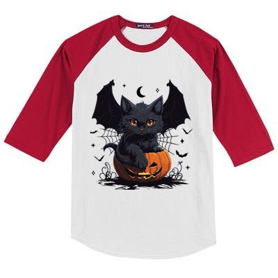 Cute Black Cat With Bat Wings Jack O Lantern Kitty Halloween Kids Colorblock Raglan Jersey